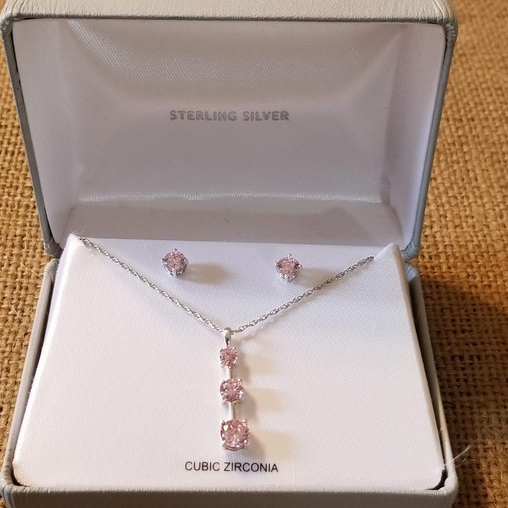 Sterling Vintage Pink CZ's Earings And Necklace  S